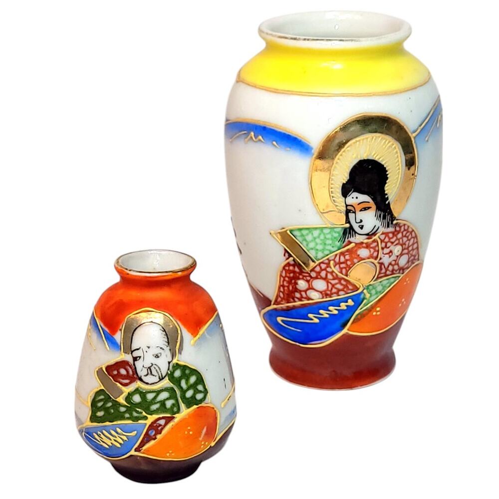 1940's Vintage Miniature 2.5" & 3.5" Occupied Japan Satsuma Hand Painted Vases